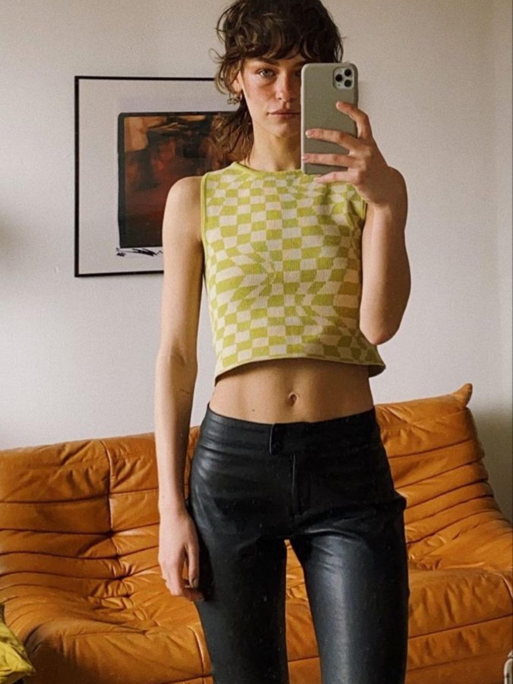 Checkered Knit Crop Paloma Top Green Lime Wool Cream Enya Sweater Tank